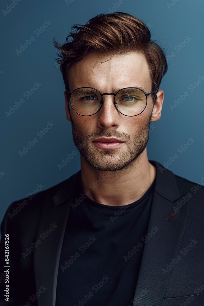Elegant man in glasses over blue background Elegant man in glasses over blue background