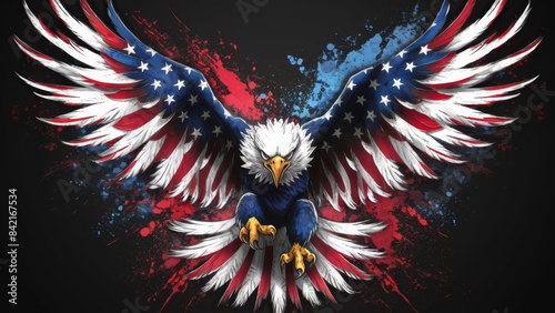 A painting of an usa flag colored eagle with a flag painted on its wings, AI