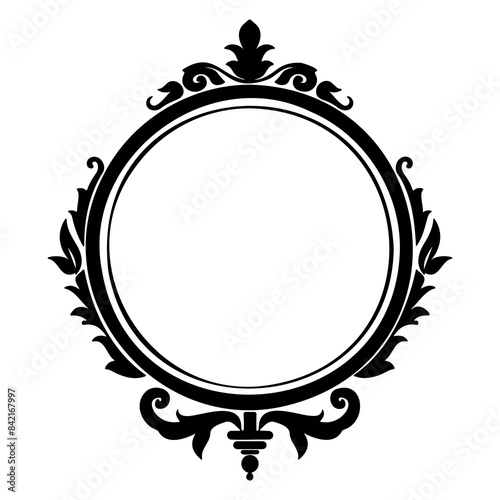 Illustration of an ornate circular frame in black and white, featuring intricate designs and decorations.