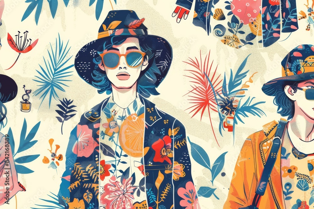 Fototapeta premium Fashionable illustration: A woman wearing a hat and sunglasses, capturing the mood of summer.