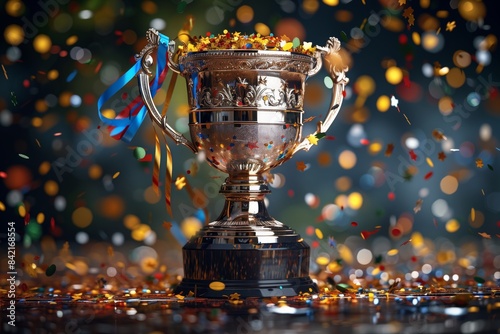 A gold championship cup trophy sits on a table with confetti falling around it