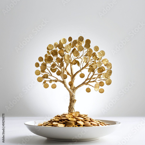 golden gold coin tree with coins as leaves Illustration for limitless income wealth, rich and successful business growth