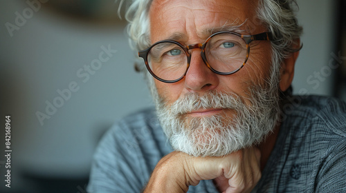 Elderly Man with Glasses. Thoughtful Senior with Grey Beard