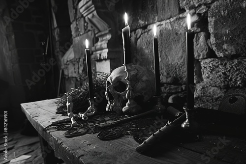 Halloween. Black-and-white spooky photo of black magic