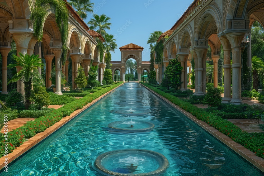 Obraz premium A long, narrow pool surrounded by lush greenery and columns creates a serene setting at a luxury resort