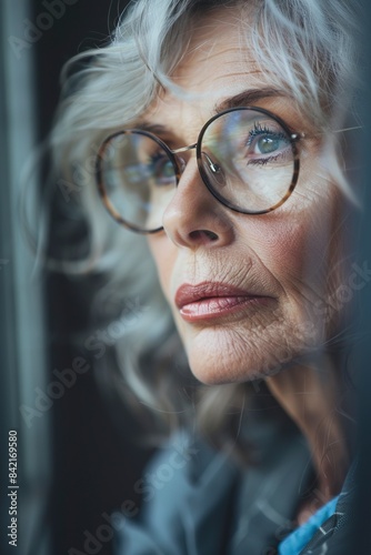 Feeling Down. Middle aged woman in glasses looking down