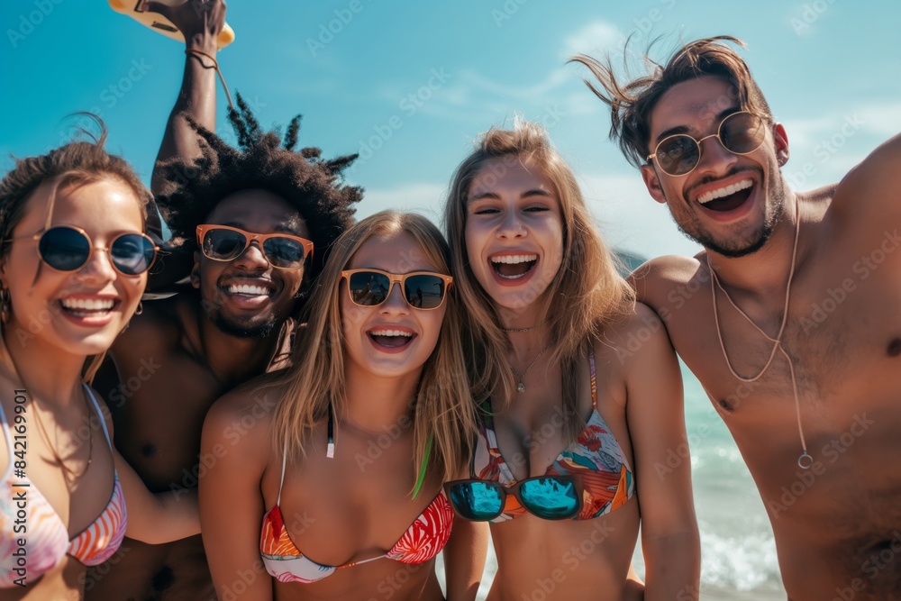 A group of friends happily enjoy a sunny beach vacation in swimwear, feeling the warm sea breeze, creating joyful memories under the clear sky, embracing the carefree adventure of youth on holiday A group of friends happily enjoy a sunny beach vacation in swimwear, feeling the warm sea breeze, creating joyful memories under the clear sky, embracing the carefree adventure of youth on holiday