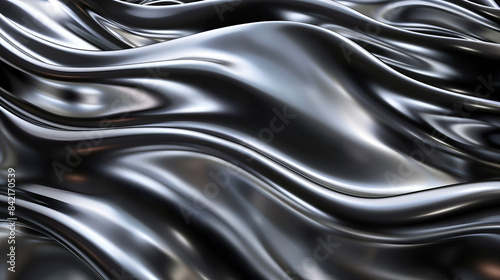 Background of chrome silver waves, smooth and reflective surface, the fluid motion and metallic texture
