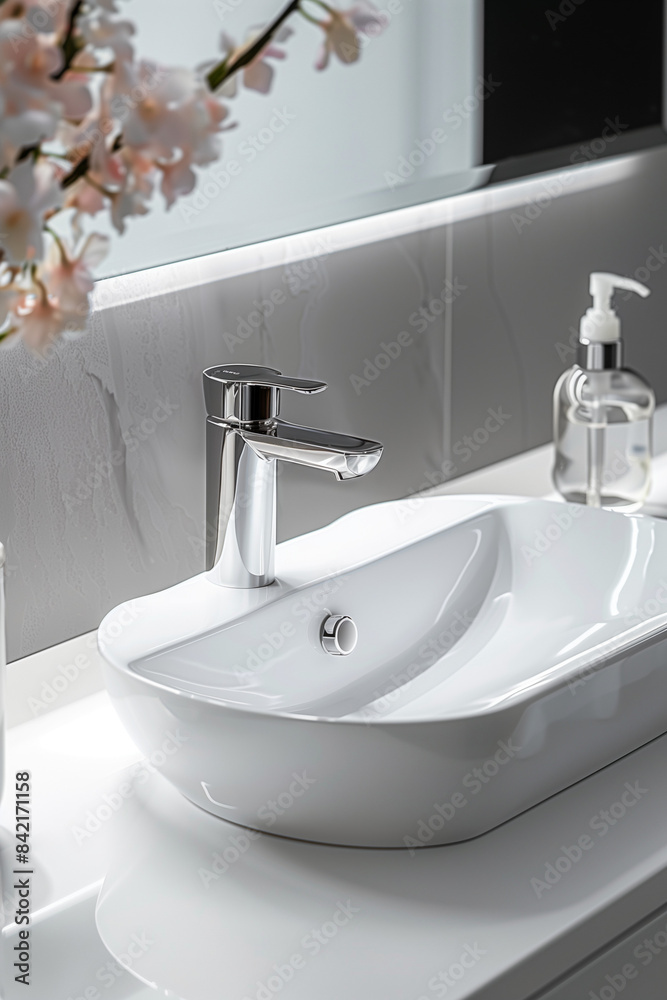 Fototapeta premium Washbasin countertop with a high-end simple texture, set against a light blue background. 