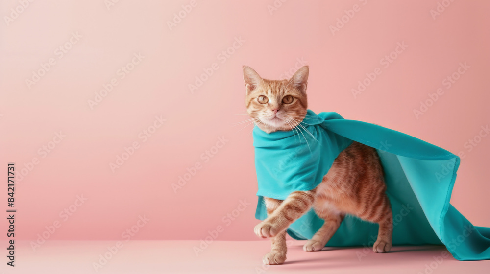 Naklejka premium superhero cat with blue cloak and mask, Cute orange tabby kitty in action on light pastel background with copy space for text