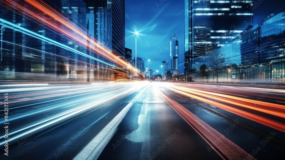 Light trails on the modern building background. Light trails at night in urban environment, Abstract Motion Blur City, traffic, transportation, street, road, speed