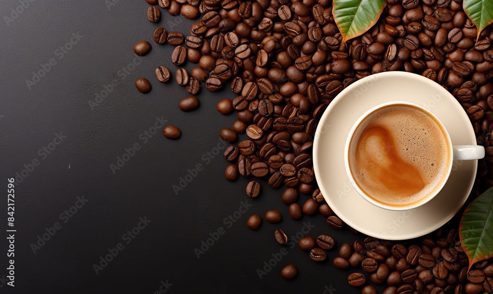 A cup of coffee and coffee beans around it A cup of coffee and coffee beans around it