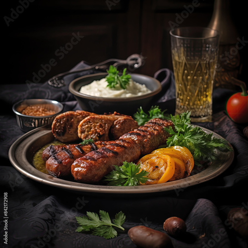 A sumptuous display of traditional Bosnian cevapcic. The grilled sausages are adorned with fresh herbs, accompanied by various condiments and a drink, creating an inviting ambiance. photo