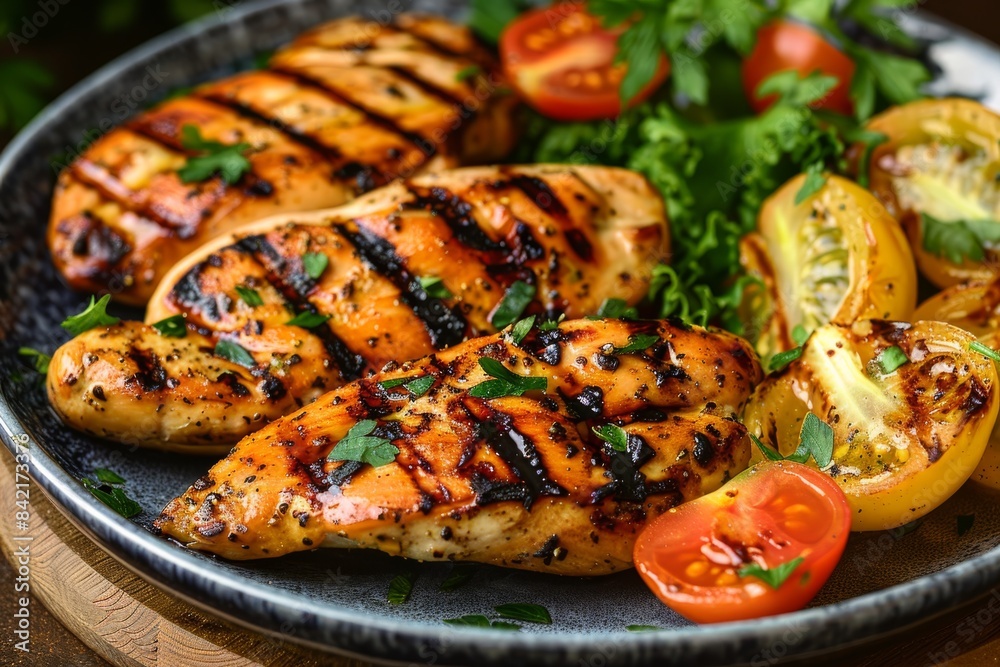 Grilled chicken breasts on a plate with herbs and spices Grilled chicken breasts on a plate with herbs and spices