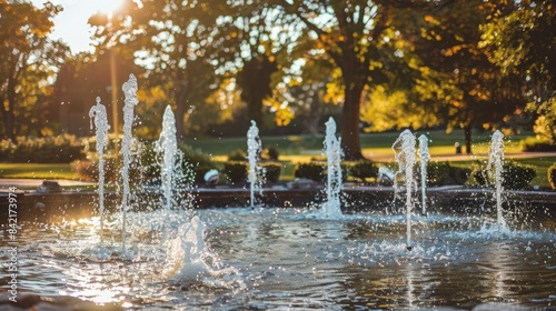 The sparkling water flowing from fountains into a pond at a park