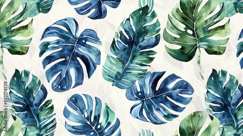 Contemporary watercolor tropical leaf pattern for textile design with a retro summer theme and vintage exotic print photo