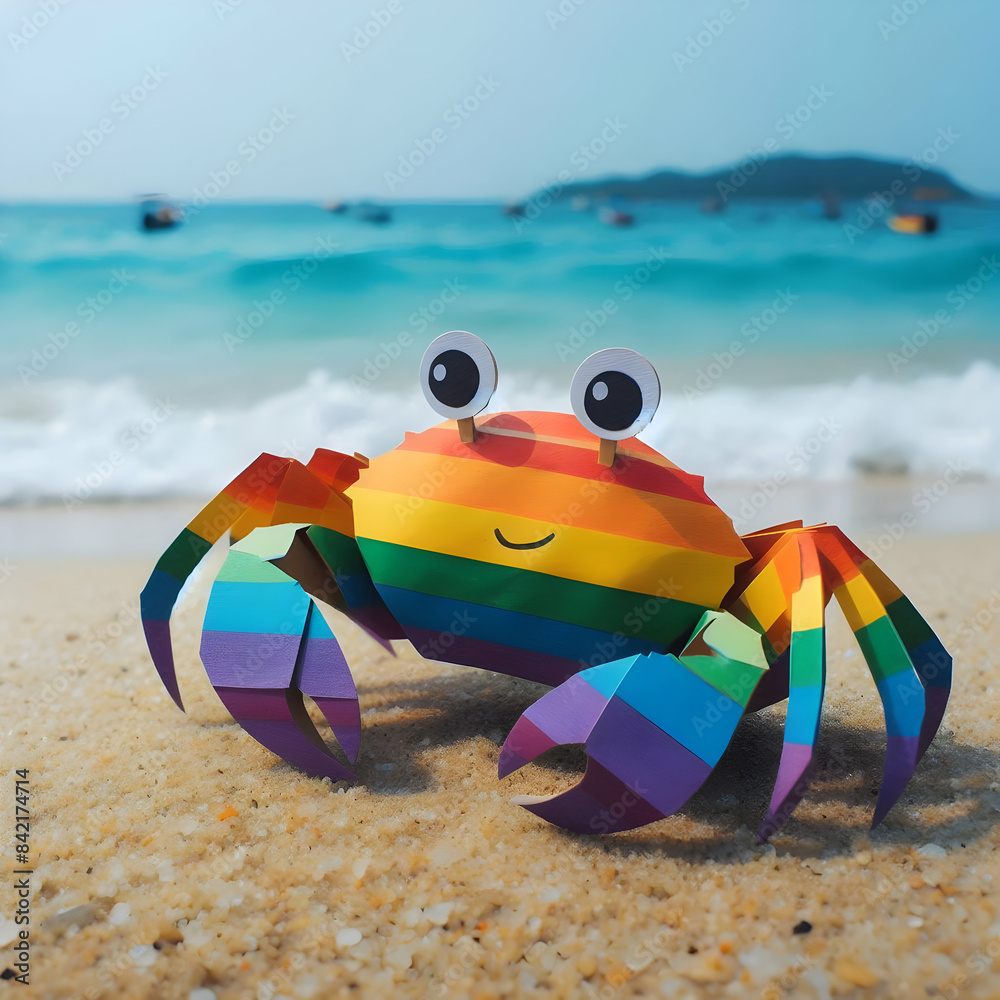 Obraz premium Rainbow Crab Captivates the Shore: Origami Creation Embraces the Beach