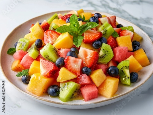 Fresh Summer Fruit Salad with Mango  Blueberries  Kiwi  Strawberries  and Watermelon in a Ceramic Bowl - Healthy Refreshing Dessert