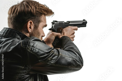 A Man doing sport shooting from gun isolated on white --