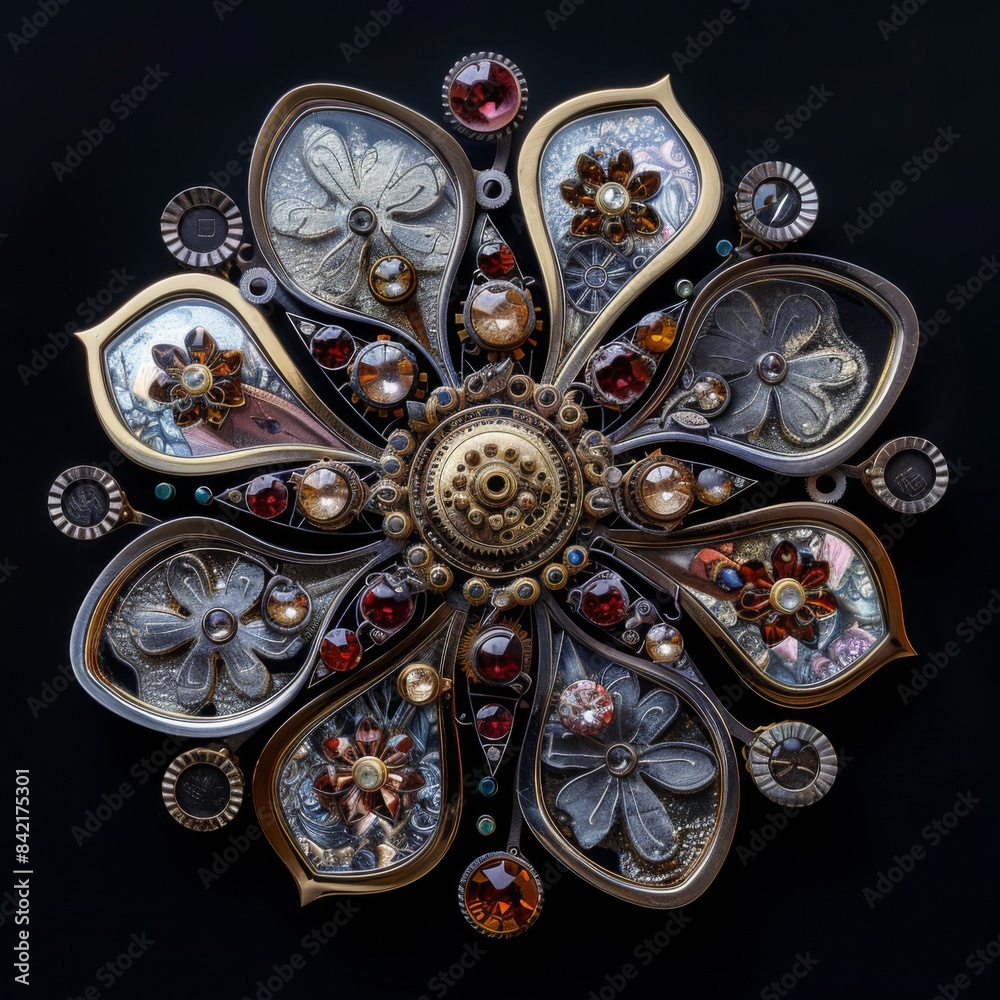 Intricate Steampunk Mandala Design with Gears and Gemstones for Graphic Arts, Poster, Print, or Digital Use
