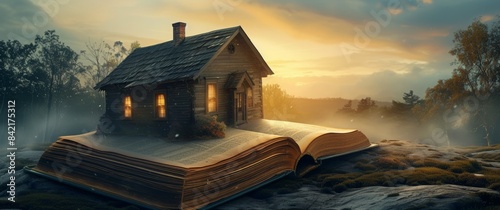 Capturing enchantment: house on a giant book, showcasing stories in homes. The composition highlights book's significance, symbolizing rich narrative. Realistic photography with natural lighting. 📚🏠