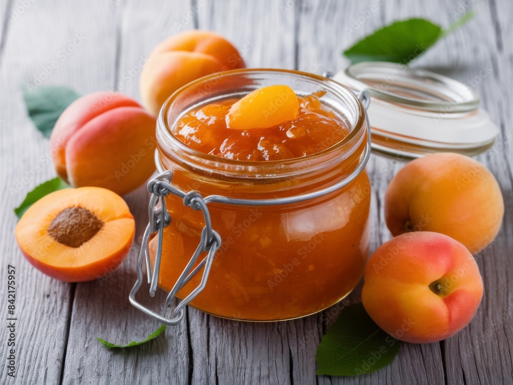 Freshly Made Apricot Jam in a Glass Jar with Whole and Halved Apricots on Wooden Table Freshly Made Apricot Jam in a Glass Jar with Whole and Halved Apricots on Wooden Table