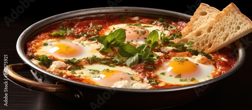 fried egg in a bowl with spicy tomato sauce