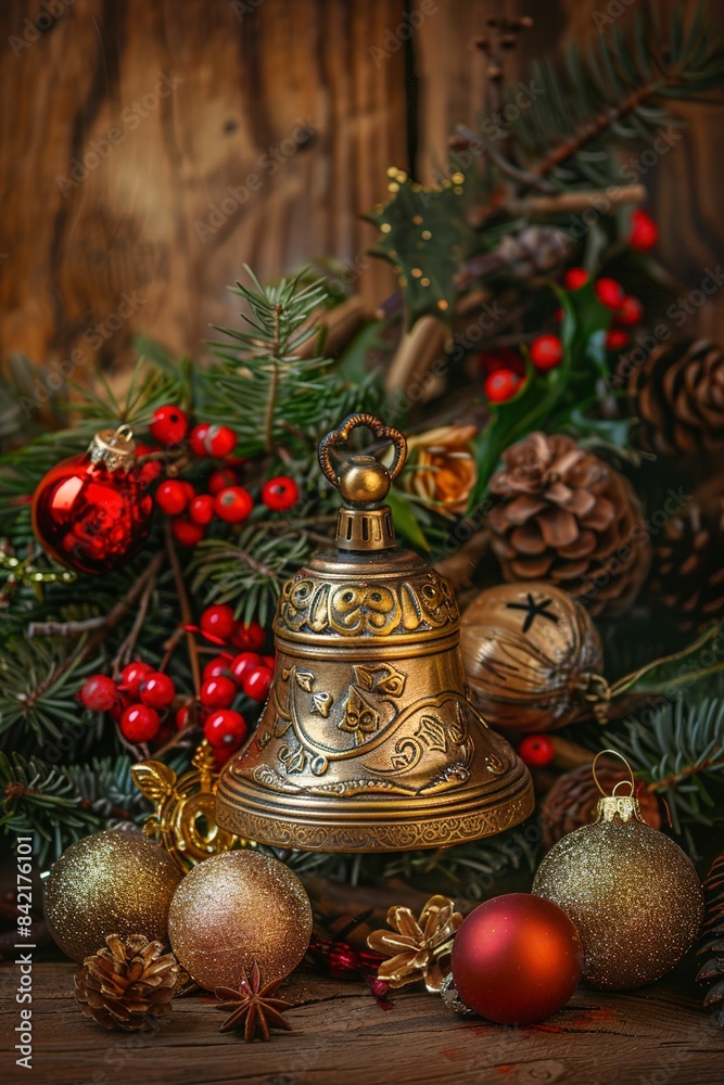 A Various christmas decorations and golden bell A Various christmas decorations and golden bell