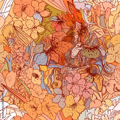 Floral vintage seamless pattern. Gold and white flowers, leaves, branches and...