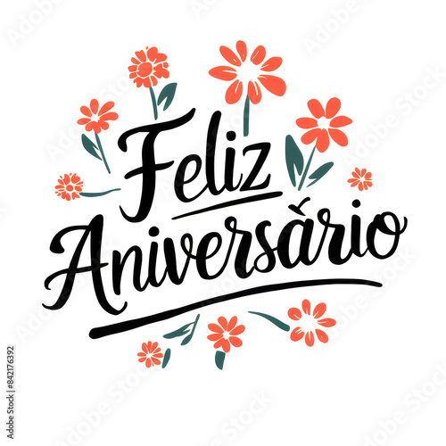 Feliz Aniversario or Happy Anniversary in Spanish Language, Greeting Card with Floral Design and Handwritten Text photo