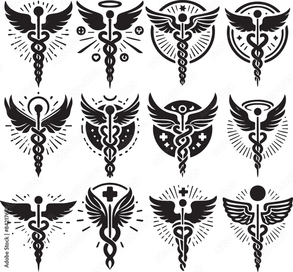set of Caduceus health symbol Asclepius's Wand icon black color, silhouette, vector, illustration set of Caduceus health symbol Asclepius's Wand icon black color, silhouette, vector, illustration