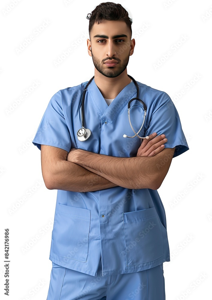 an anxious male surgeon doctor wearing a blue scrubs shirt uniform, The physician stands with arms crossed and hand holding a stethoscope. Healthcare professional, generative ai an anxious male surgeon doctor wearing a blue scrubs shirt uniform, The physician stands with arms crossed and hand holding a stethoscope. Healthcare professional, generative ai