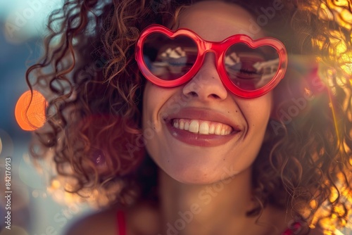 Curly-haired girl with heart-shaped glasses smiling
