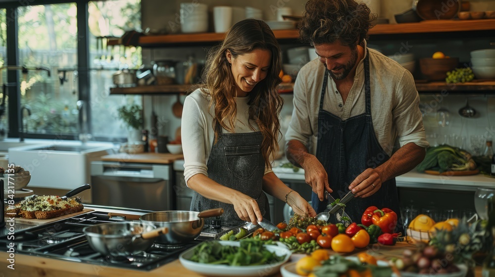 A couple preparing a healthy meal together in a modern kitchen, promoting nutrition and wellness. A couple preparing a healthy meal together in a modern kitchen, promoting nutrition and wellness.