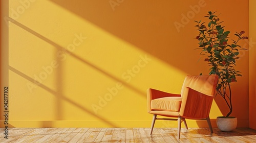 Modern wooden living room with an orange armchair on empty yellow wall background, Minimal room- 3D rendering 