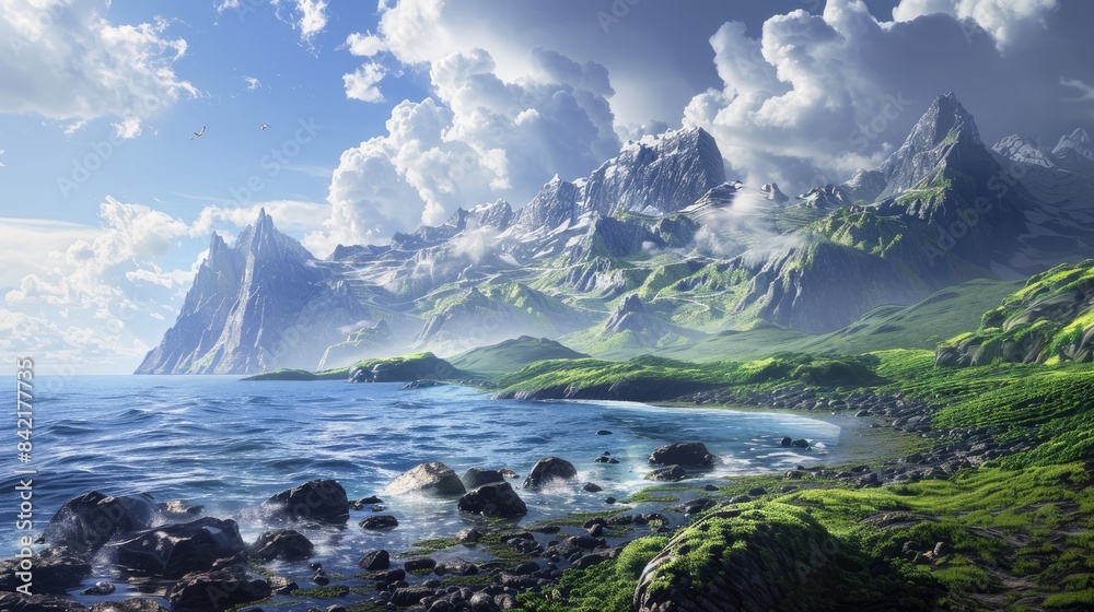 Fototapeta premium Coastal Scenery with Peaks Seaside Hills Scenic View Backgrounds