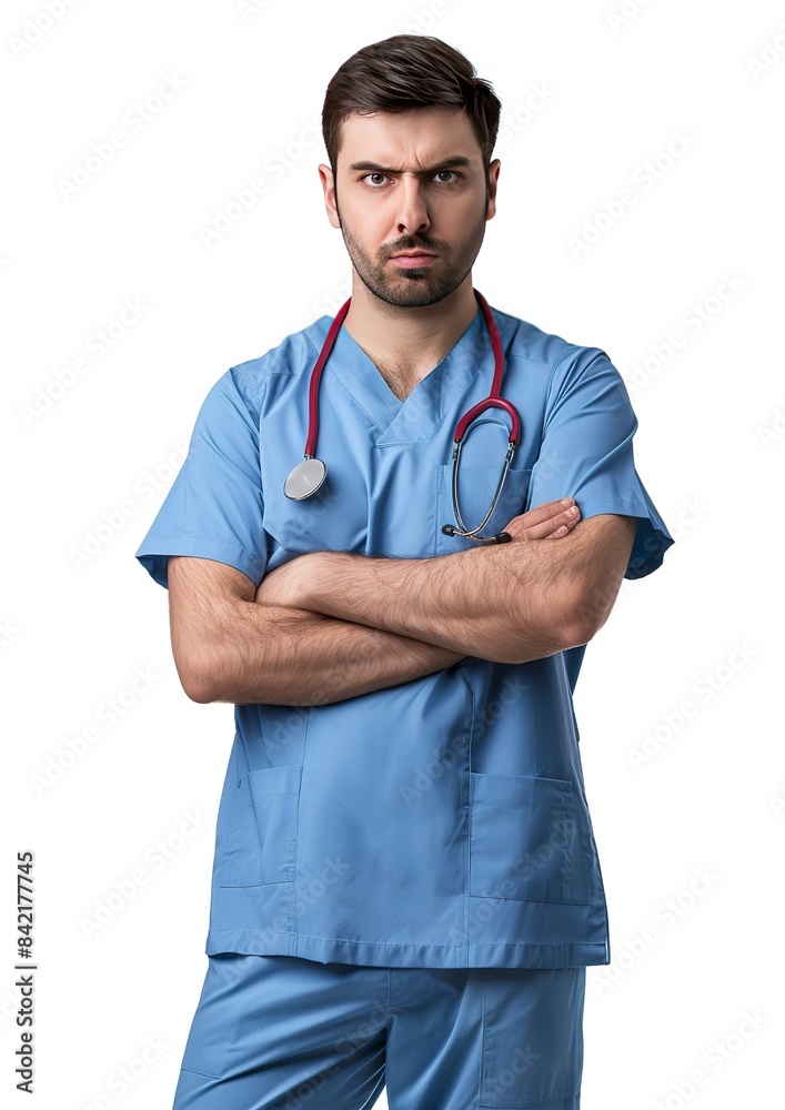 an anxious male surgeon doctor wearing a blue scrubs shirt uniform, The physician stands with arms crossed and hand holding a stethoscope. Healthcare professional, generative ai an anxious male surgeon doctor wearing a blue scrubs shirt uniform, The physician stands with arms crossed and hand holding a stethoscope. Healthcare professional, generative ai