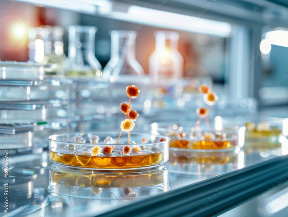 A lab bench with several glass petri dishes containing various substances