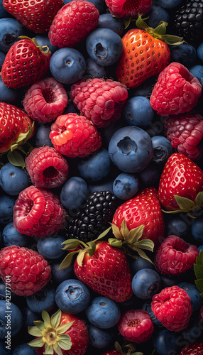 Seamless background image of lots of fresh strawberries  blueberries  and raspberries. 