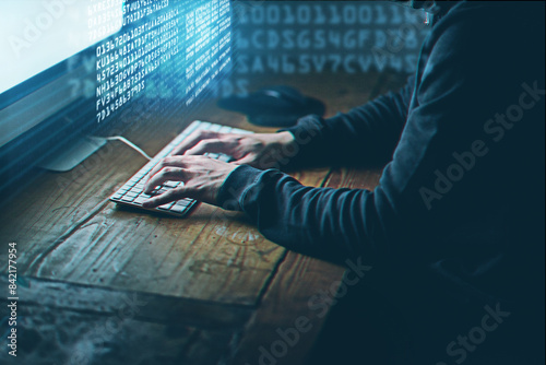 Hands, cyber security and hacker, computer and online cybercrime. Data protection, digital and website access, person with network system for fraud and programming virus for internet web technology photo