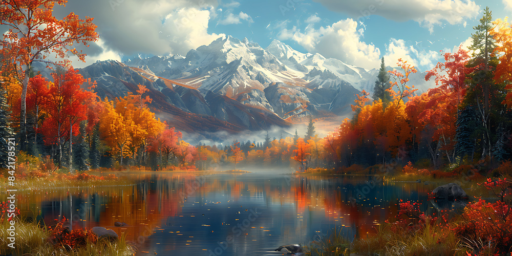 Naklejka premium Autumn's Majesty: A Tranquil Mountain Oasis