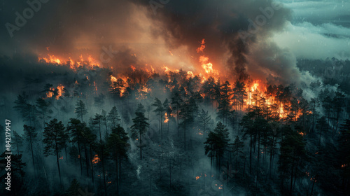 Forest fires, aerial view. Wildfire due to drought landscape.