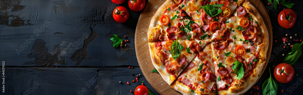 A pizza with tomatoes, olives, and other ingredients on a wooden table looking yummy in taste A pizza with tomatoes, olives, and other ingredients on a wooden table looking yummy in taste