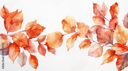 terracota colour, watercolour autumn leaves, white background photo