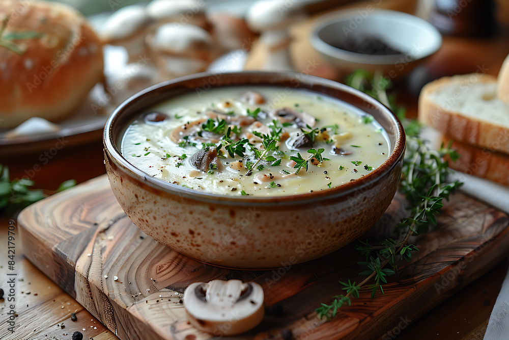 Cozy Morning Gourmet Mushroom Soup on Rustic Wooden Chopping Block Cozy Morning Gourmet Mushroom Soup on Rustic Wooden Chopping Block