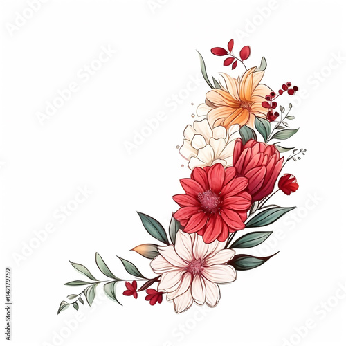 Watercolor Hand drawn style flowers with group leaves on background