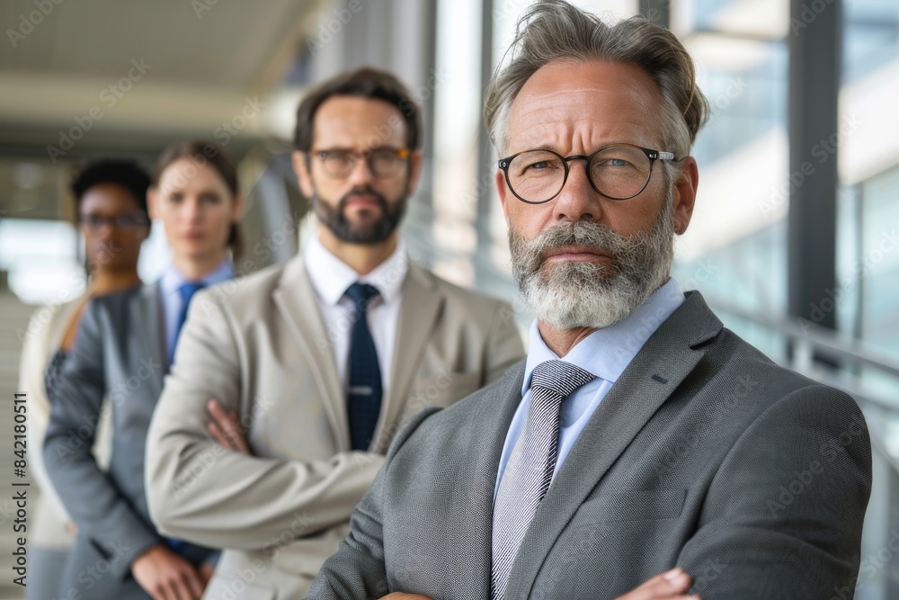 Portrait of mature businessman with his team in the background at office Portrait of mature businessman with his team in the background at office
