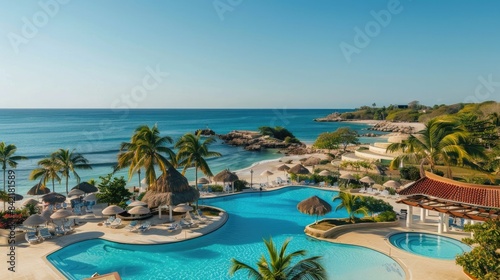 A panoramic view of the resort's pool and beach, with palm trees in the background © Ammar