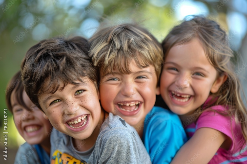 Portrait of three smiling children in the park on a sunny day Portrait of three smiling children in the park on a sunny day