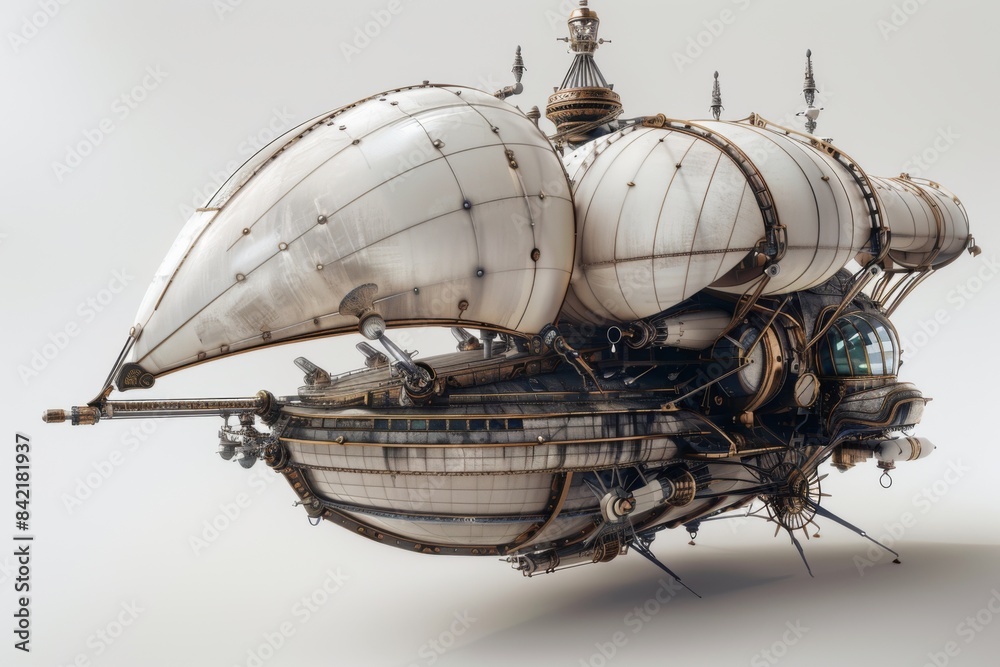 Steampunk Airship against White Background - Futuristic Technology and Retro Sci-Fi Adventure. Steampunk Airship against White Background - Futuristic Technology and Retro Sci-Fi Adventure.